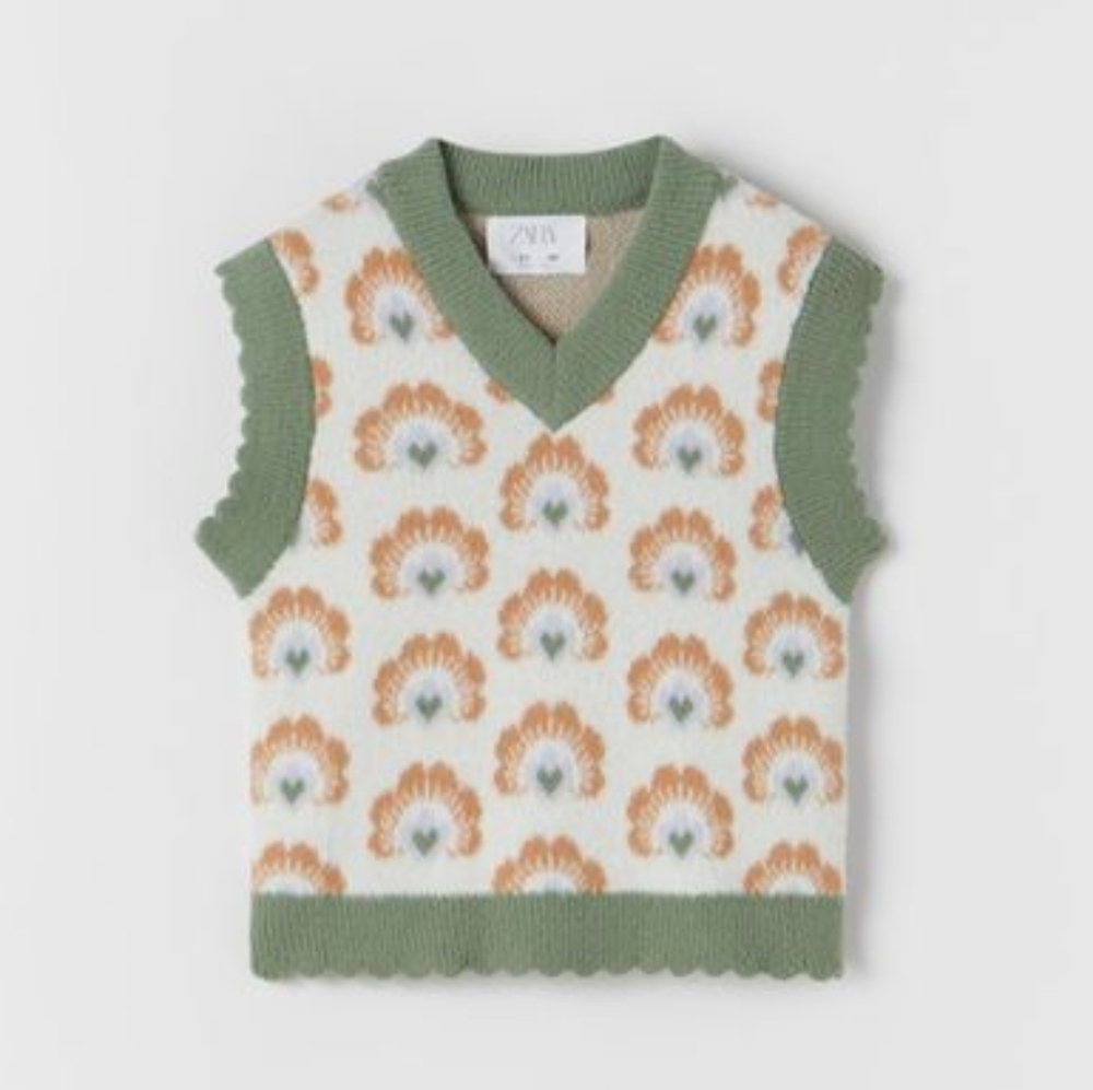 ZARA Girls Cream/Green Patterned Abstract Floral Knit Sweater Vest size 11-12